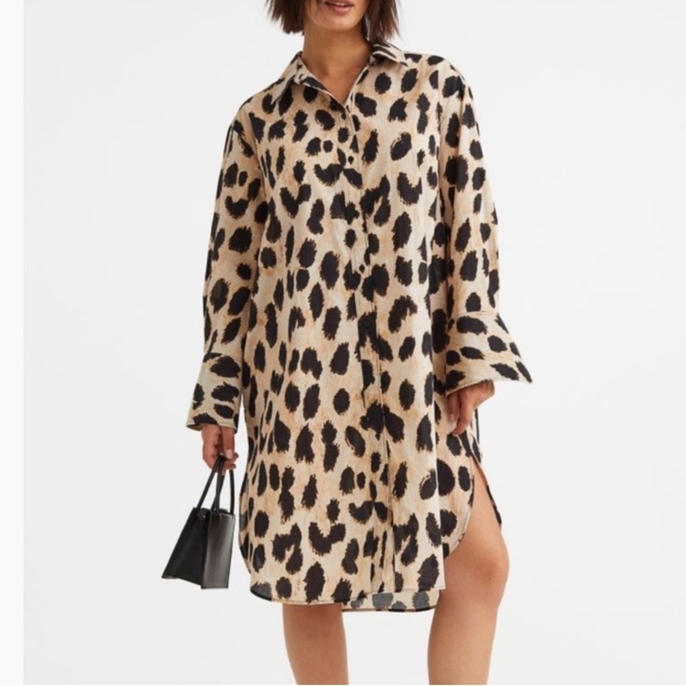 H&M Cotton Leopard Animal Print Shirt Dress - Picture 2 of 10